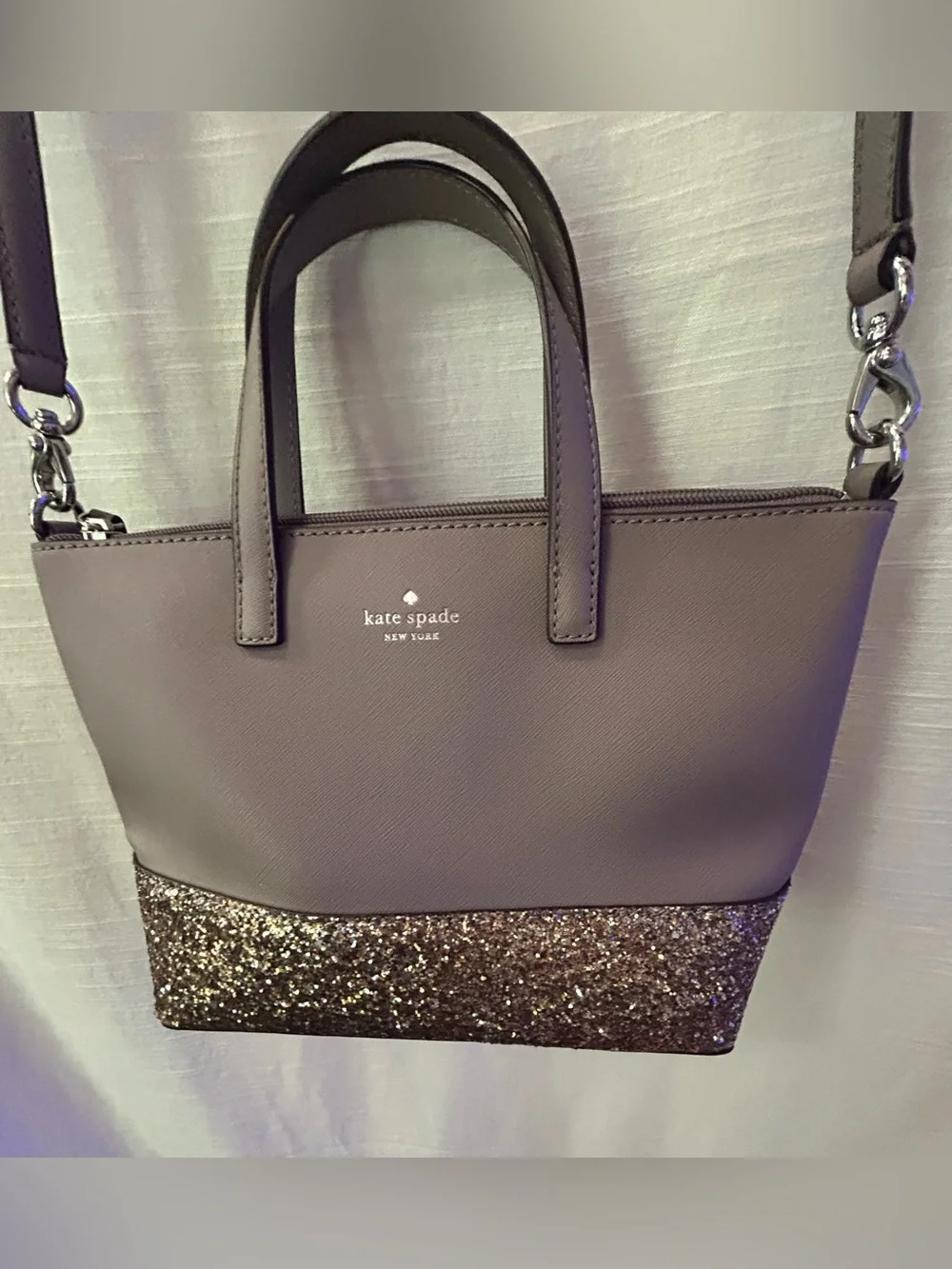 kate spade taupe glitter two-tone small satchel with gold sparkle